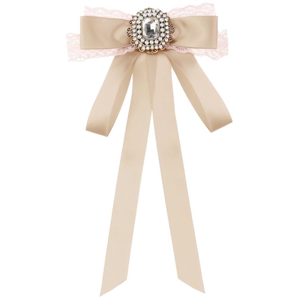 Bow Brooch Long Webbing with Lace Trim Elegant Ribbon Brooch One Size Champagne
